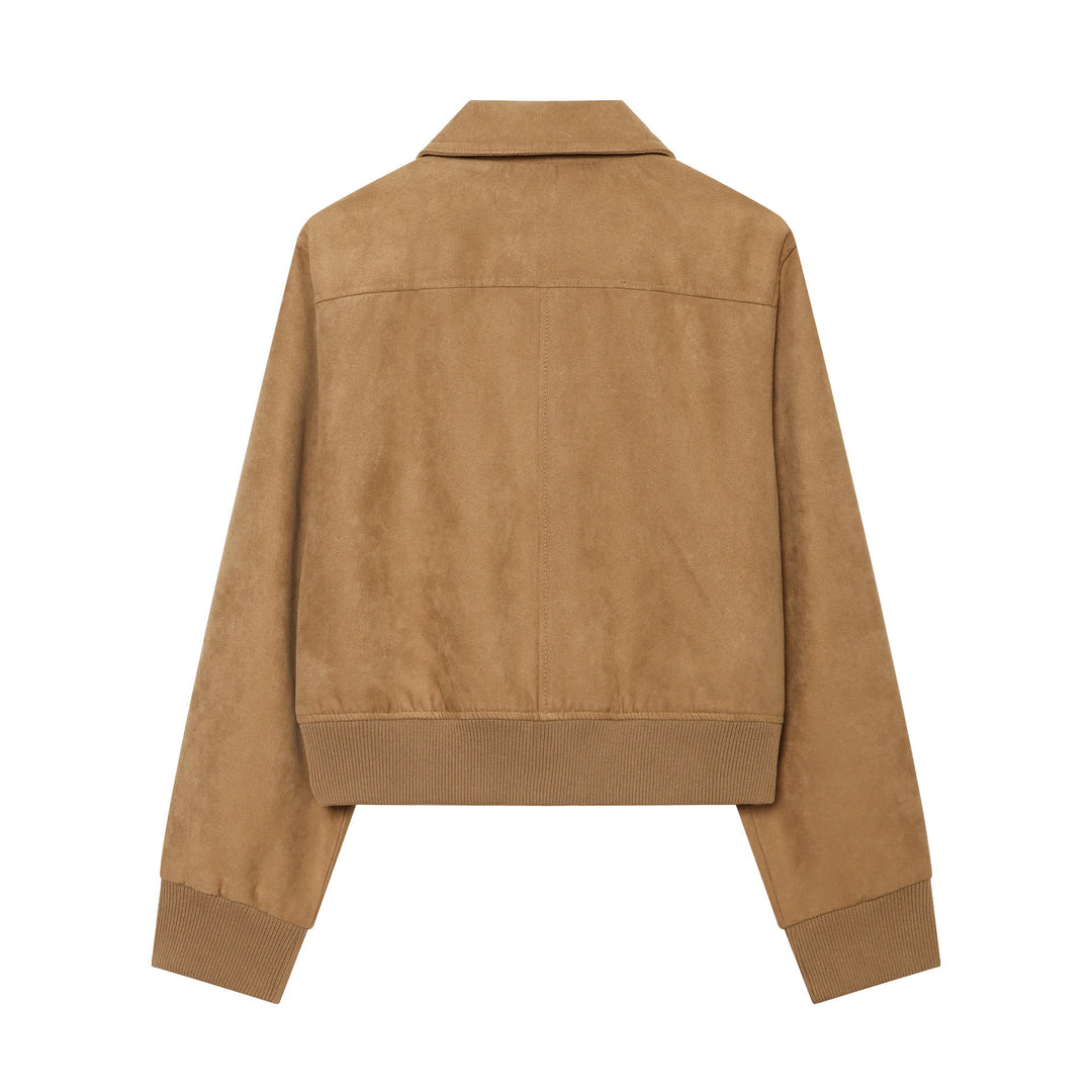Dam Kort Suede Bomber med Dragkedja, Lock Fickor och Ribbed Nederkant