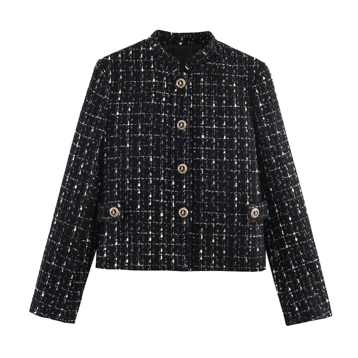Dam avslappnad tweed jacka med ståkrage, decorative knappar, och påsydda fickor