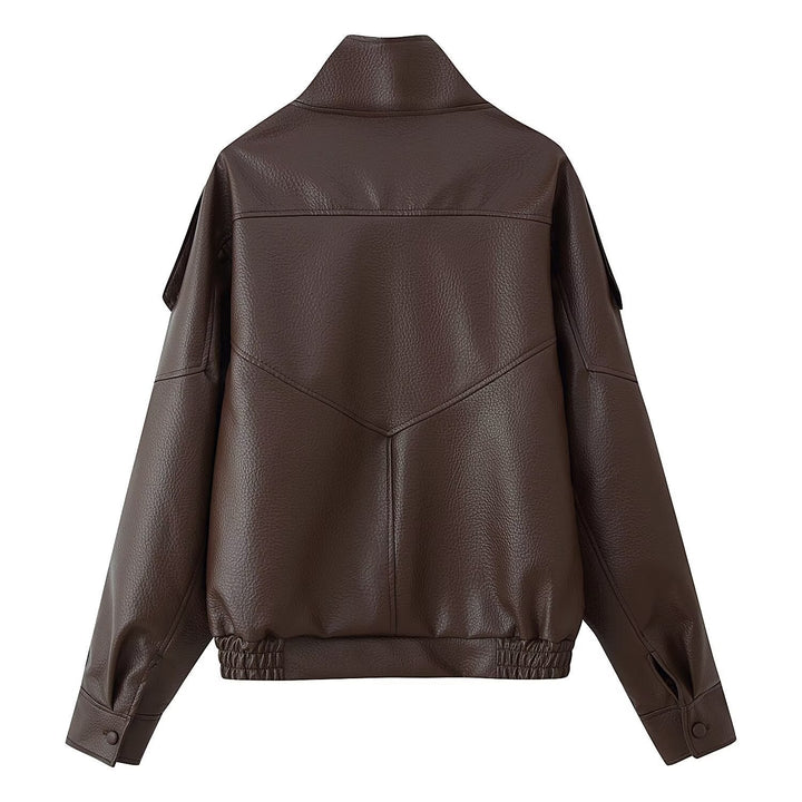 Dam Oversized Konstläder Jacka med Skjortkrage och Elastic Fåll