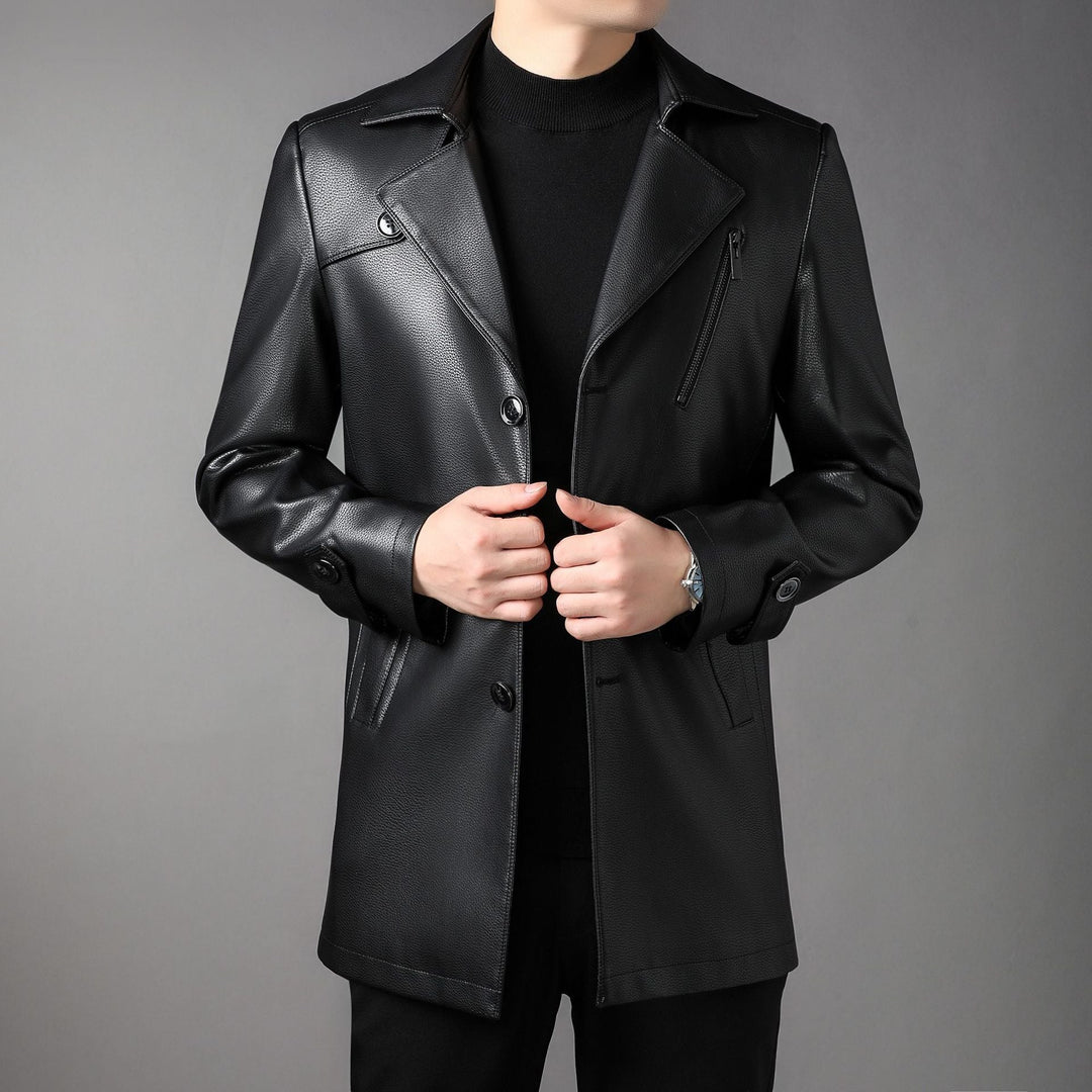 Herr Long Läder Rock med Lapel Krage och Bröst Zip