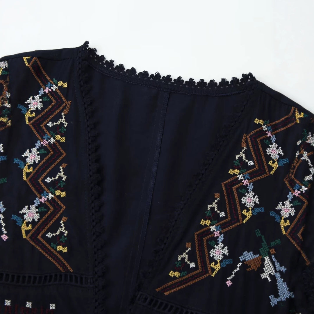 Dam Embroidered Boho Kimono Jacka med Ties och Crochet Kant