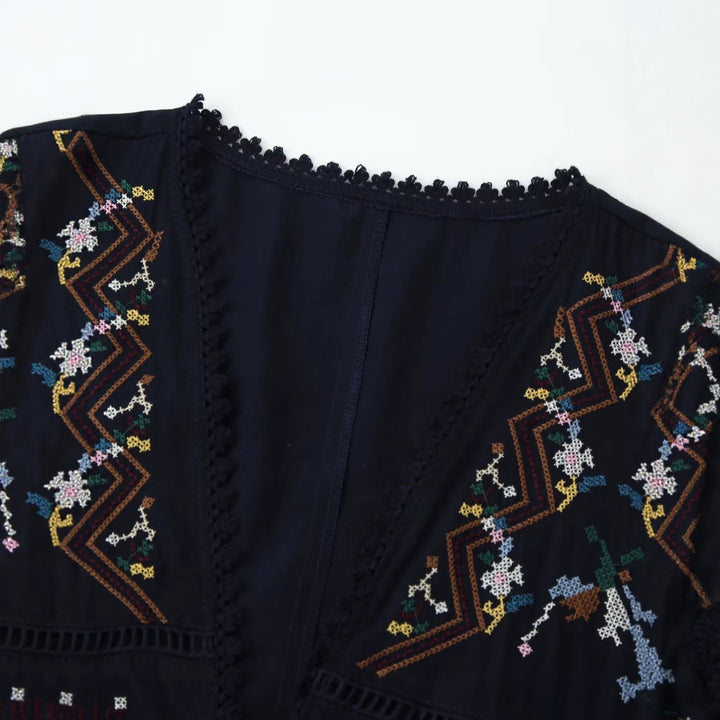 Dam Embroidered Boho Kimono Jacka med Ties och Crochet Kant