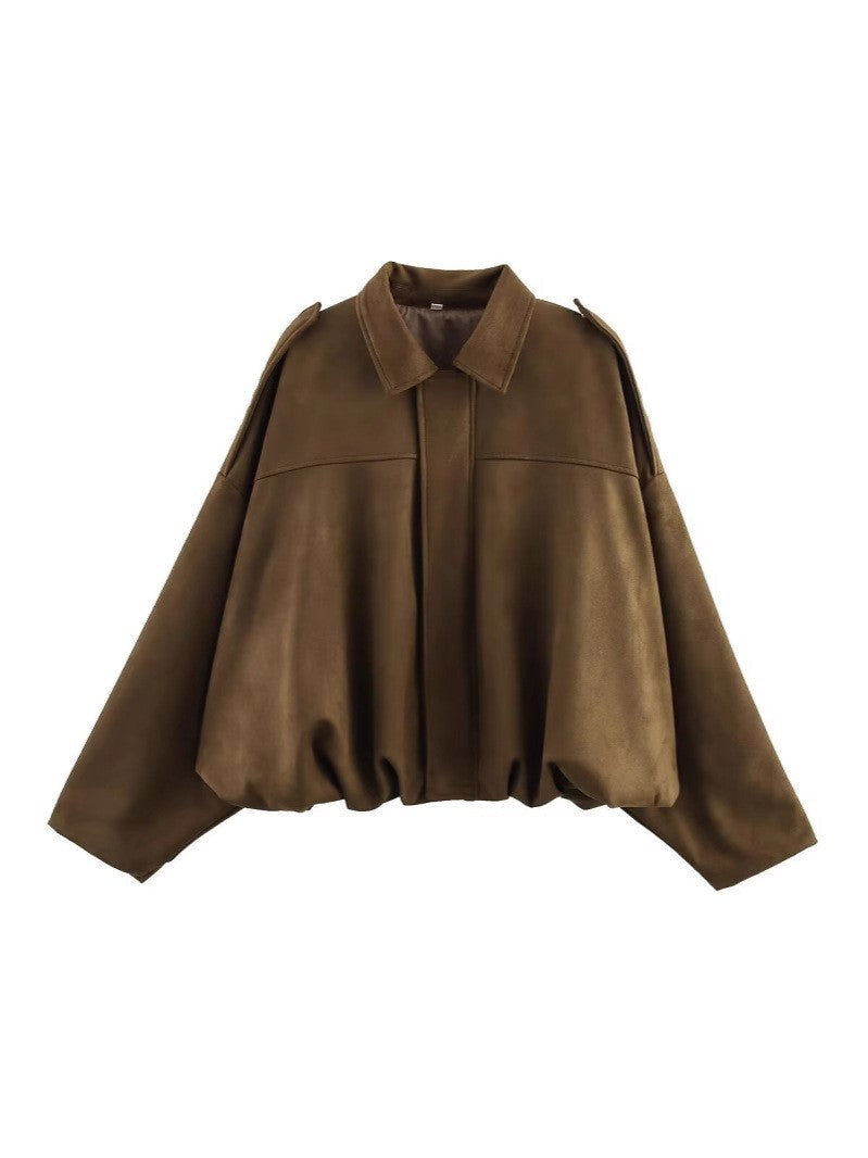 Dam Kort Oversized Blouson Jacka i Velour Look med Fåll med Dragsko och Epaulettes