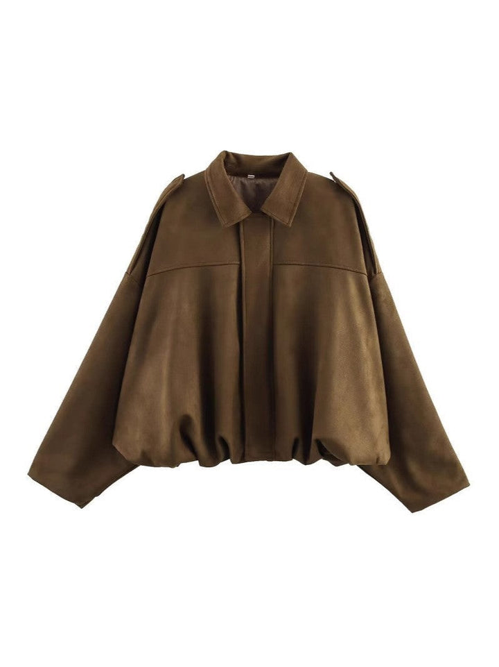 Dam Kort Oversized Blouson Jacka i Velour Look med Fåll med Dragsko och Epaulettes