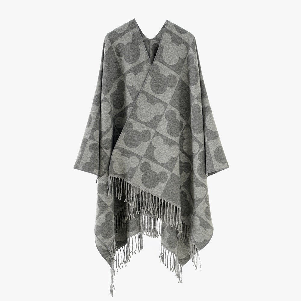 Dam Oversize Jacquard poncho med Graphic Head silhuett mönster och Fringes