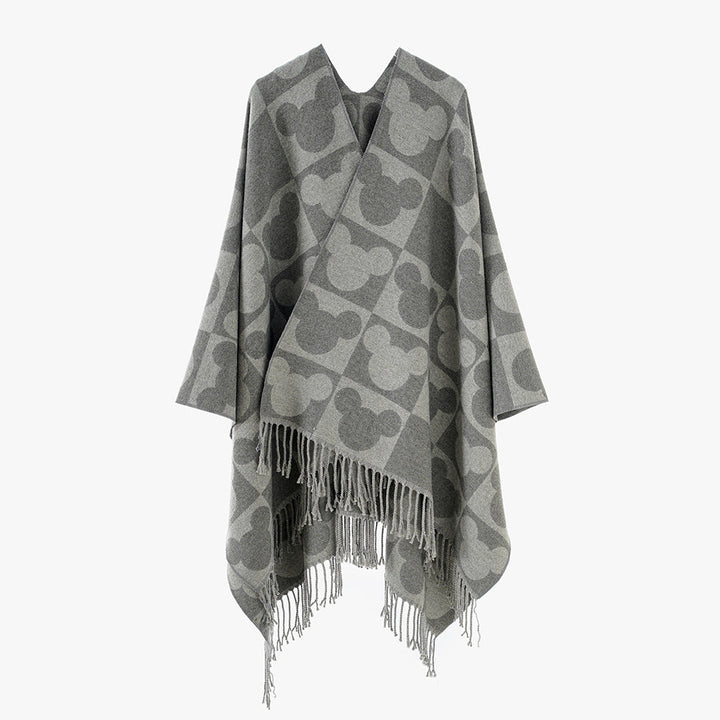 Dam Oversize Jacquard poncho med Graphic Head silhuett mönster och Fringes
