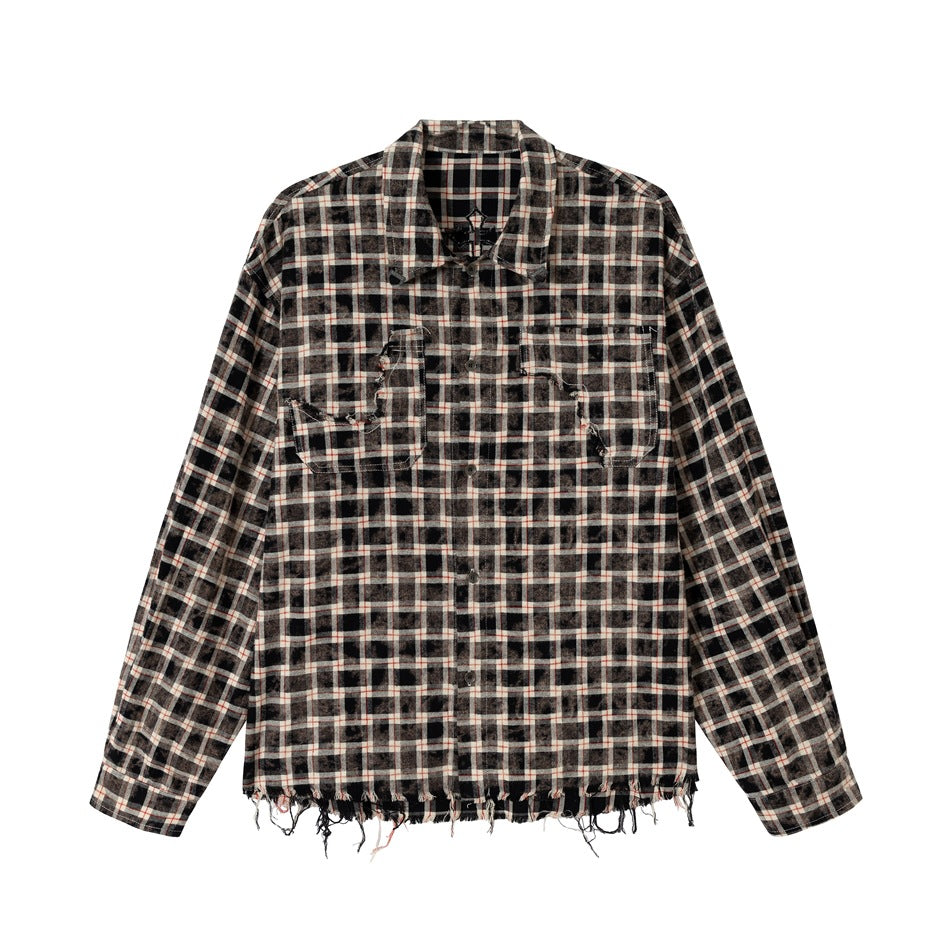 Herr rutig overshirt i arbetewear stil med frayed fåll och double bröstfickor
