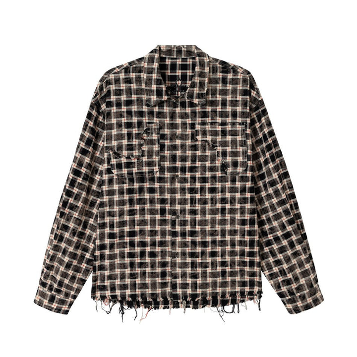 Herr rutig overshirt i arbetewear stil med frayed fåll och double bröstfickor