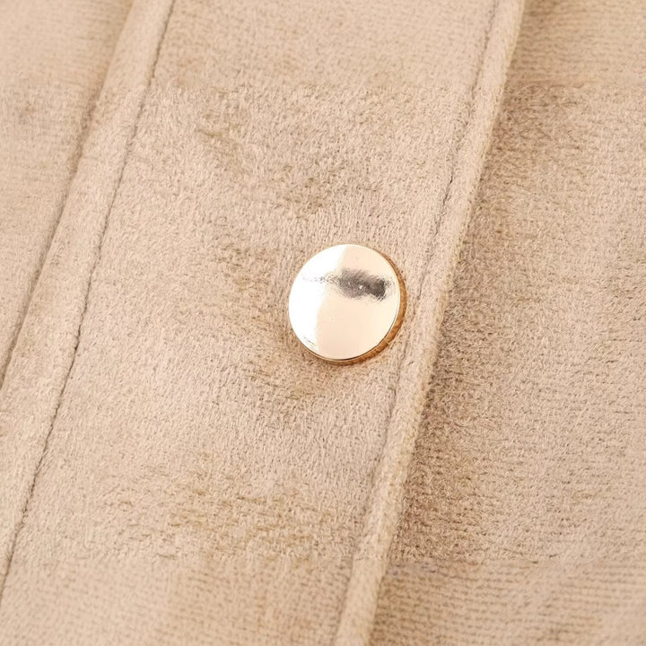 Dam Kort Suede Look Jacka med Stå Krage och Tryckknapp Knapp Knäppning