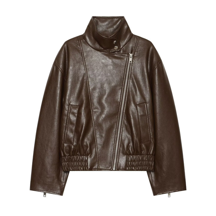 Dam Kort Biker Blouson i Läderlook med Hög Funnel Krage
