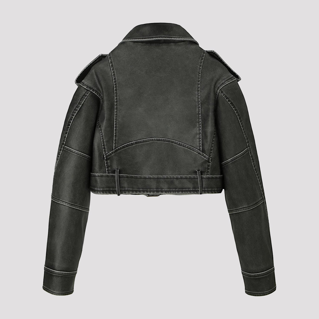 Dam kort skärning Vintage-Inspired kort bikerjacka gjord Vegan läder med midjebälte och Epaulettes