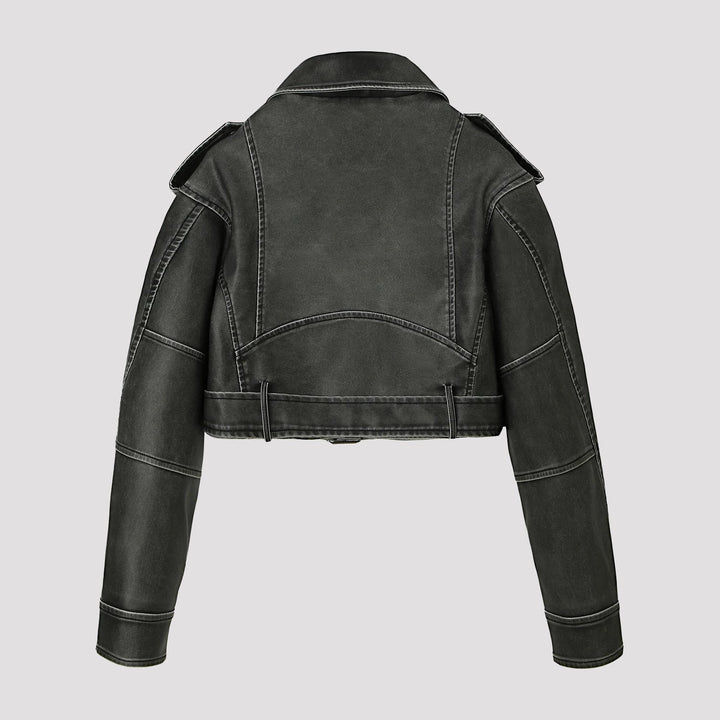 Dam kort skärning Vintage-Inspired kort bikerjacka gjord Vegan läder med midjebälte och Epaulettes