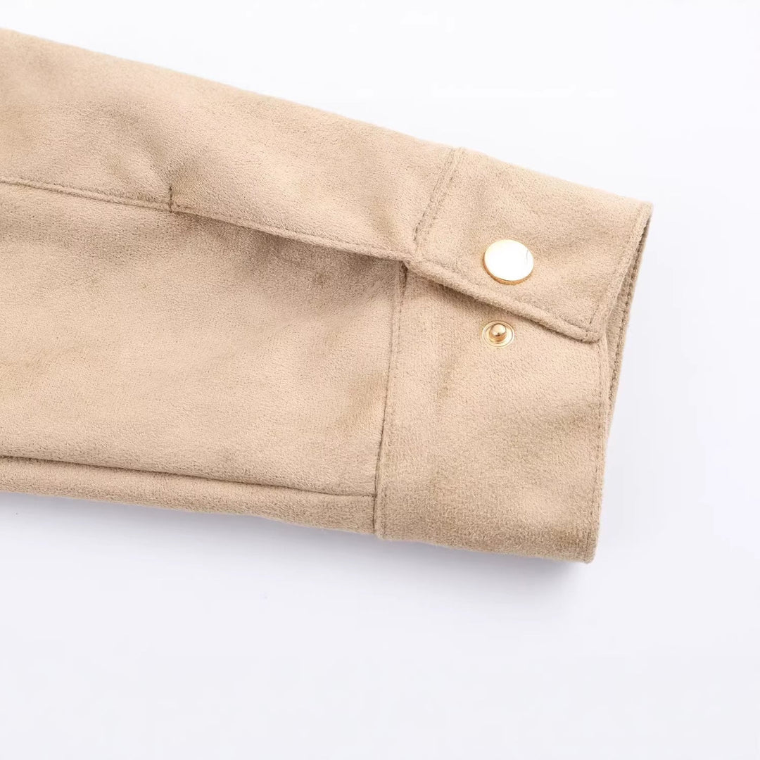 Dam Kort Suede Look Jacka med Stå Krage och Tryckknapp Knapp Knäppning