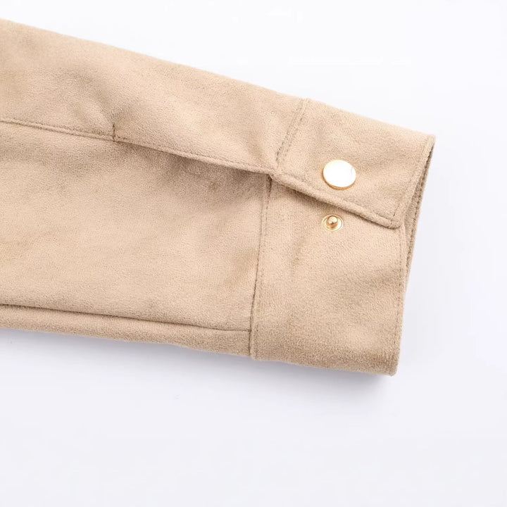 Dam Kort Suede Look Jacka med Stå Krage och Tryckknapp Knapp Knäppning