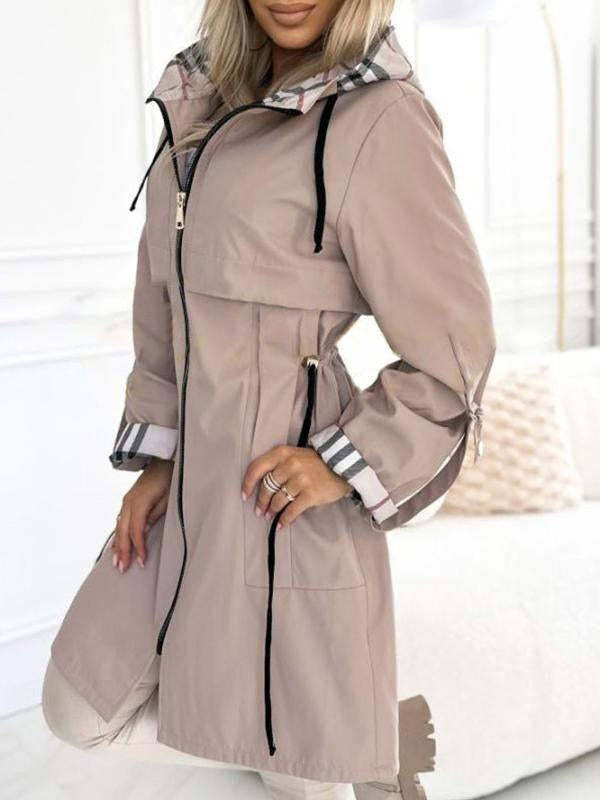 Dam figursydd regn parka med huva rutig lined inner krage och drawstring