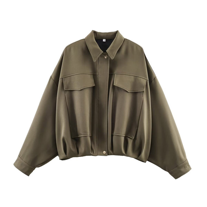 Dam Oversized Kort Jacka med Lockfickor, Drop Ärmar, och Elastic Fåll