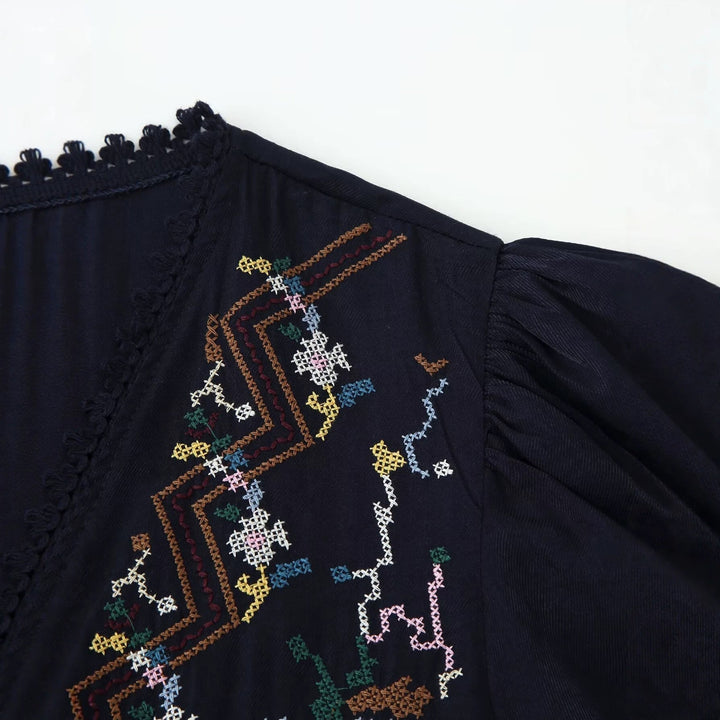 Dam Embroidered Boho Kimono Jacka med Ties och Crochet Kant