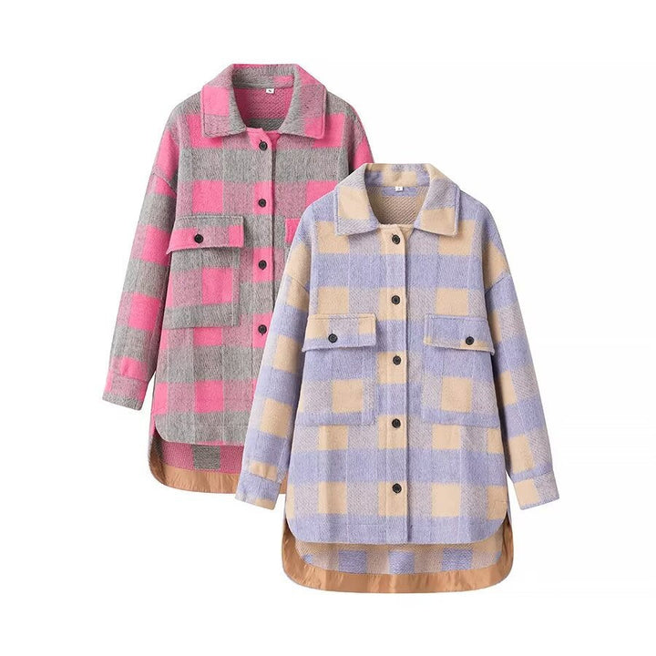 Dam oversized rutig shirt jacka i shacket stil med påsydda fickor och elongated round fåll