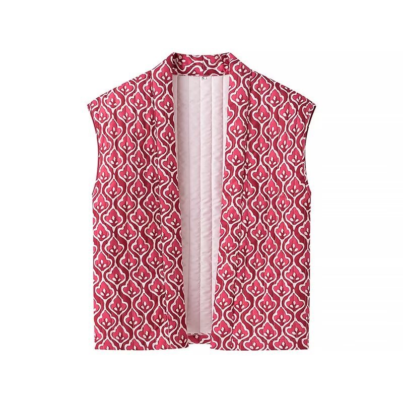 Dam non-quiltad sleeveless väst med open kimono front och decorative alla-över mönster