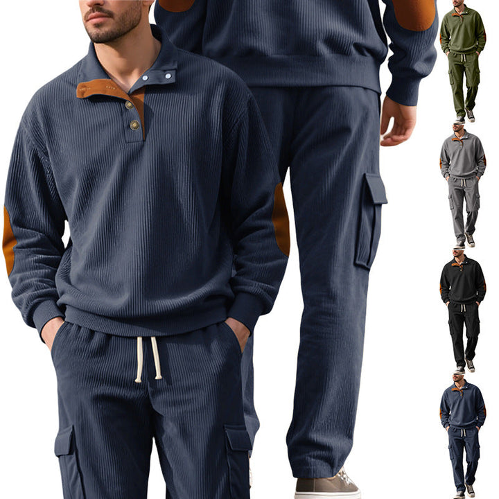 Herr Strukturerad Turtleneck Pullover med Ståkrage, Press Stud Slå, och Velour Elbow Lappar