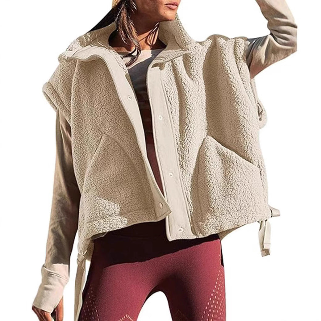 Dam oversize teddy fleece väst med huva och tryckknappar