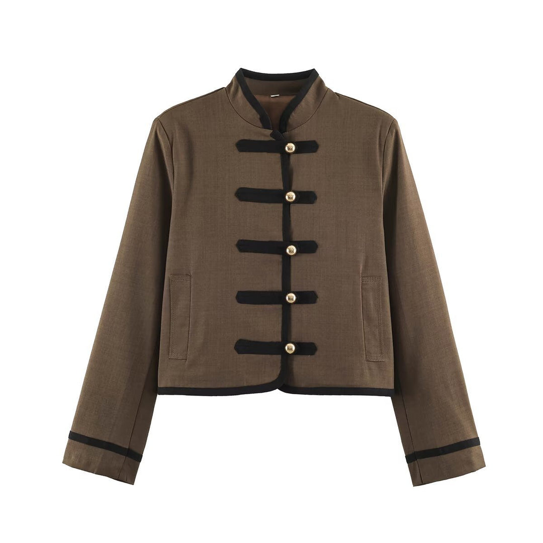 Dam Kort Stå Krage Jacka med Dekorativ Toggle Fastenings och Boxig Skärning