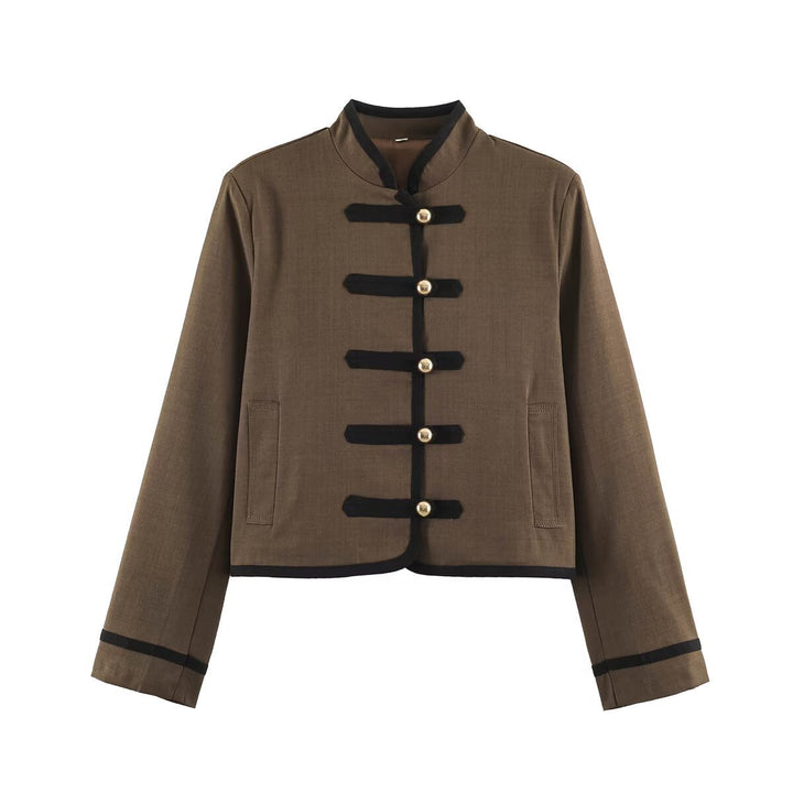Dam Kort Stå Krage Jacka med Dekorativ Toggle Fastenings och Boxig Skärning