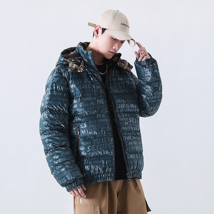 Herr Reflective Quiltad Down-Look Jacka med Huva och Heltäckande Tryck