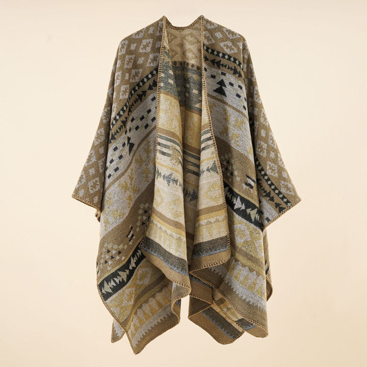 Dam coarse woven ethnic poncho med fringes