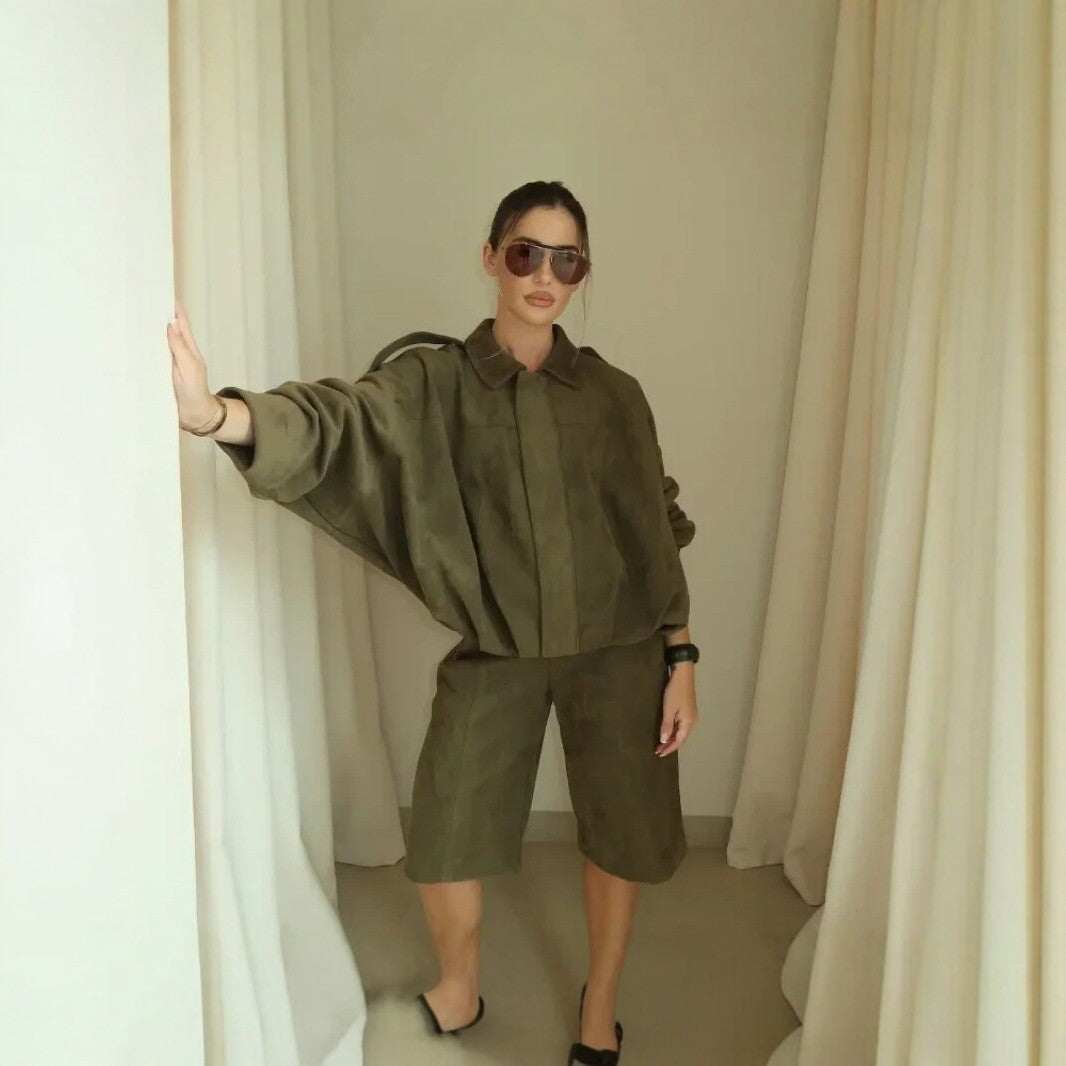 Dam oversize kort Velour Blouson med fåll med dragsko och Shoulder Epaulettes