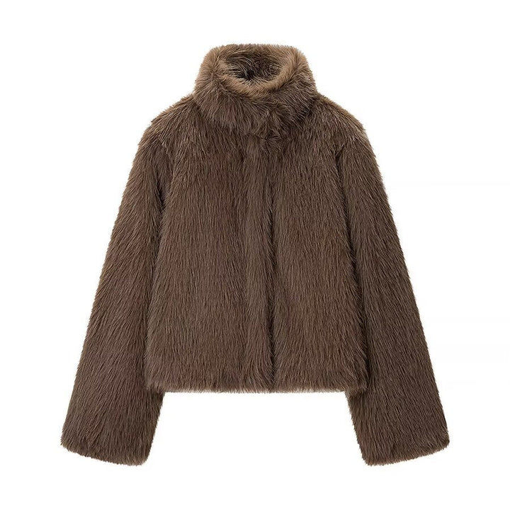 Dam kort Faux Fur jacka med hög ståkrage och oversize silhuett