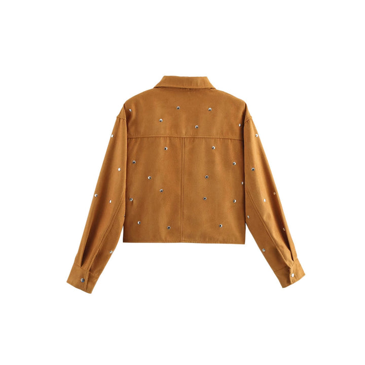 Dam kort-skärning studded jacka tillverkad av mocka imitation med skjortkrage och concealed breast placket