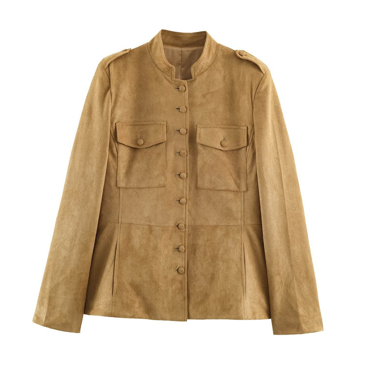 Dam Skräddarsydd Velour Jacka i Field Stil med Ståkrage och Bröst Flaps