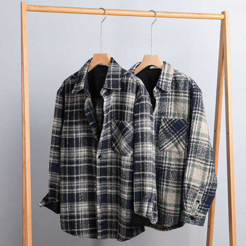 Herr Rutig Overshirt Tillverkad av Teddy Fleece med A Stitched Bröstficka och Dold Knappslå