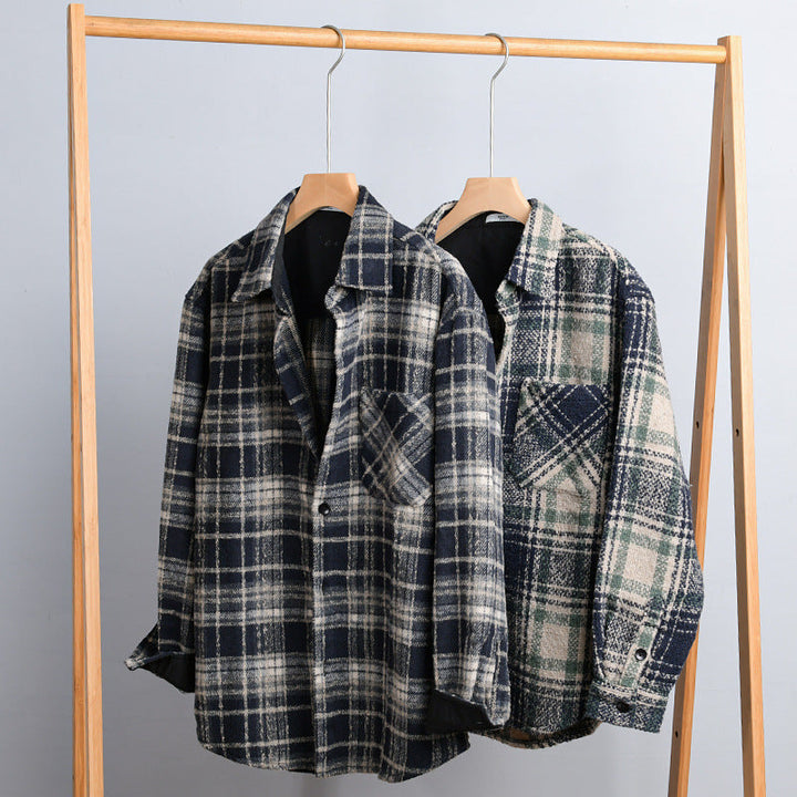 Herr Rutig Overshirt Tillverkad av Teddy Fleece med A Stitched Bröstficka och Dold Knappslå