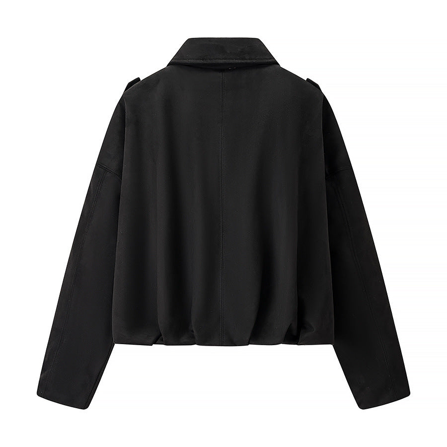 Dam cropped boxy blouse jacka med skjortkrage, concealed front placket, och elastisk fåll