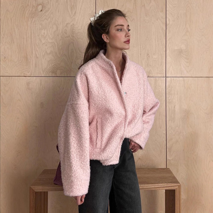 Dam teddy jacka in bouclé look med round neck, oversizepassform och insert fickor