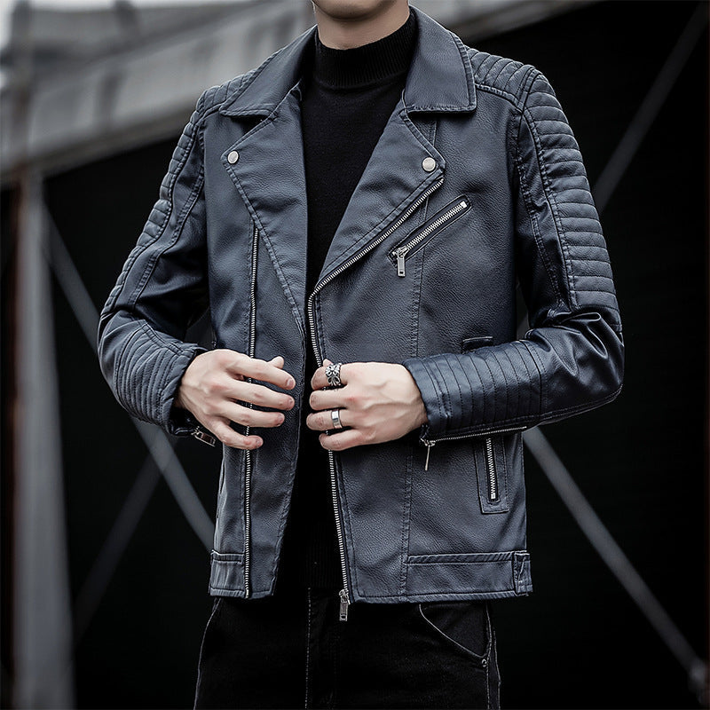 Herr Konstläder Biker Jacka med Quiltad Axel Yoke, Asymmetric Dragkedja och Metal Dragkedja