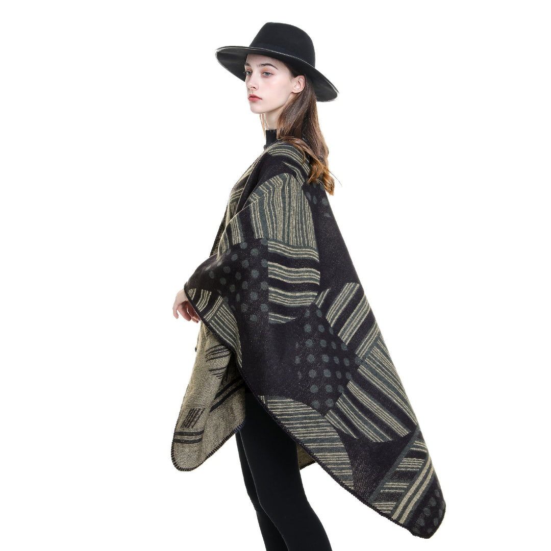 Dam Jacquard Ruana med graphic mönster och overlock edge