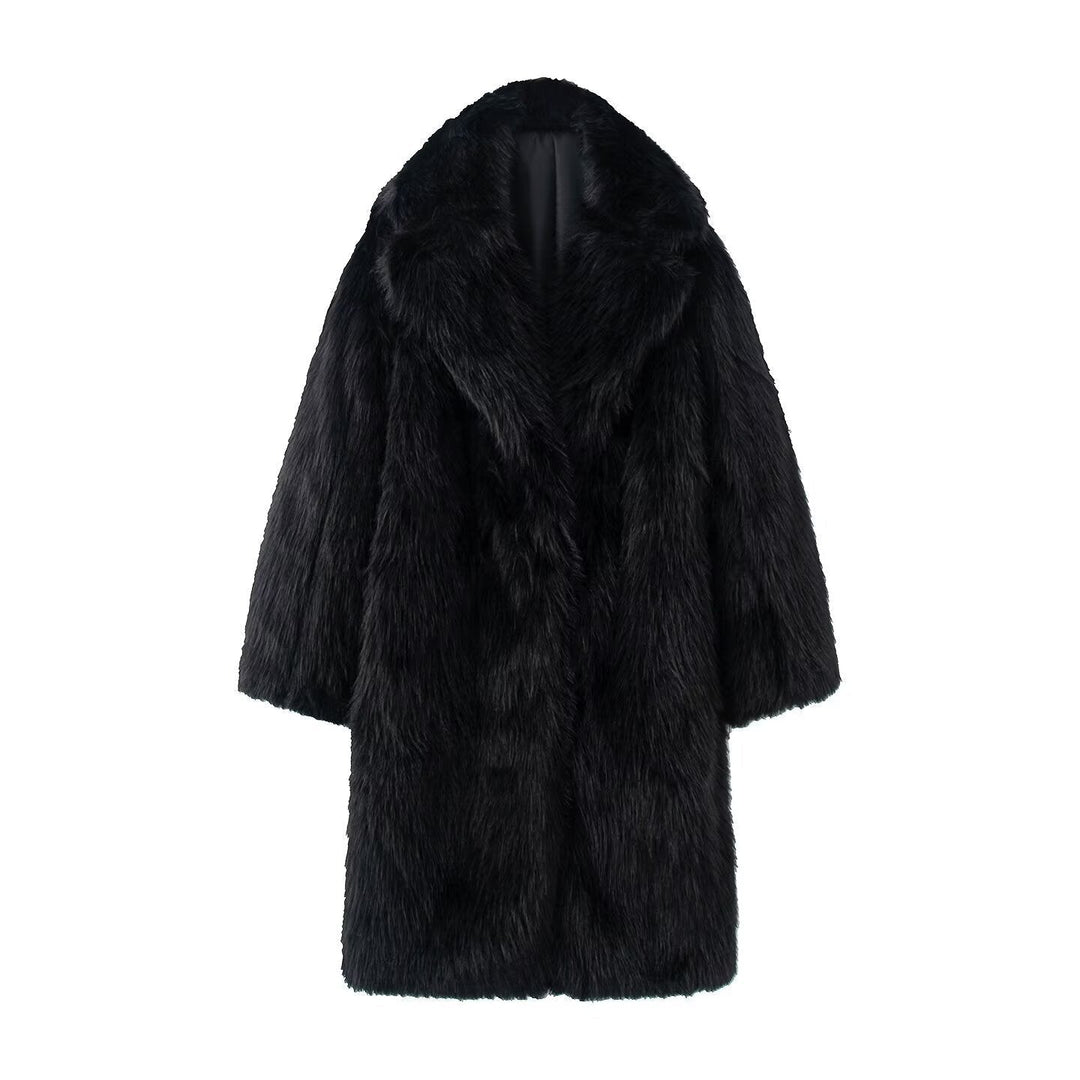 Dam Lång Oversized Konstpäls Kappa med Voluminous Sjalrakrage