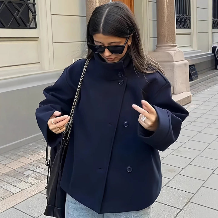 Dam Kort Boxig Ull Blend Jacka med Stå Krage och Lock Fickor