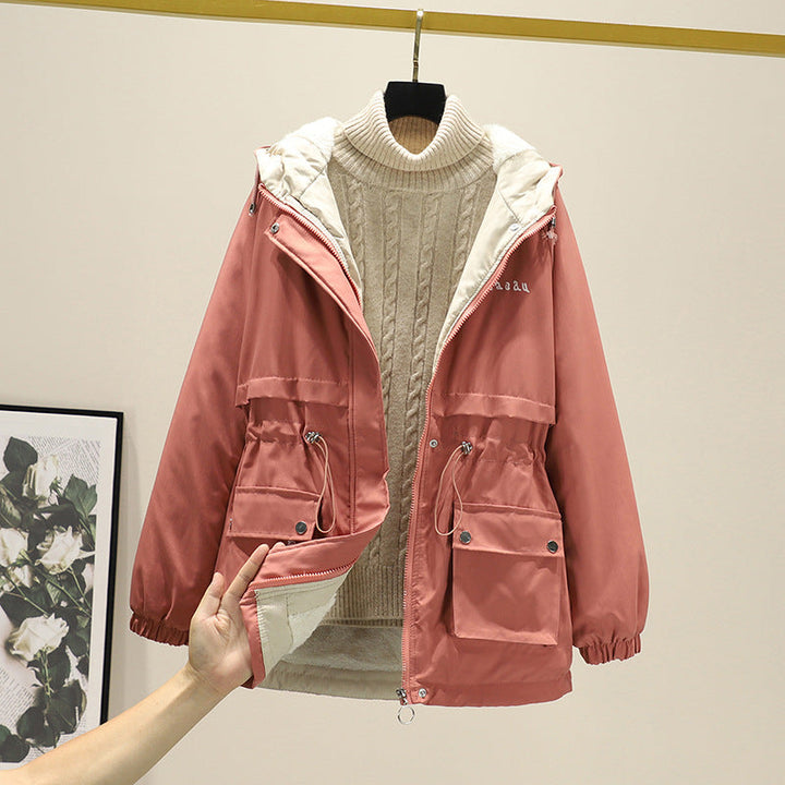 Dam vattenavvisande Hooded Parker med Teddy foder Tunnel Drawstring Waist och Multiple fickor