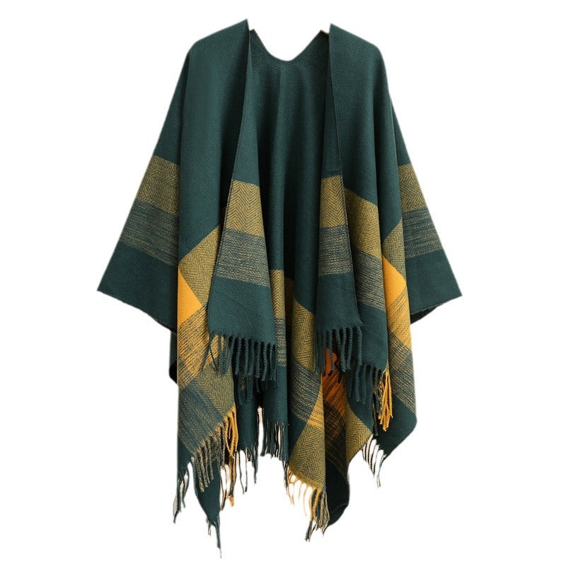 Dam lätt ullblandning kimono skärning Overlay med Herringbone kant och fransfåll