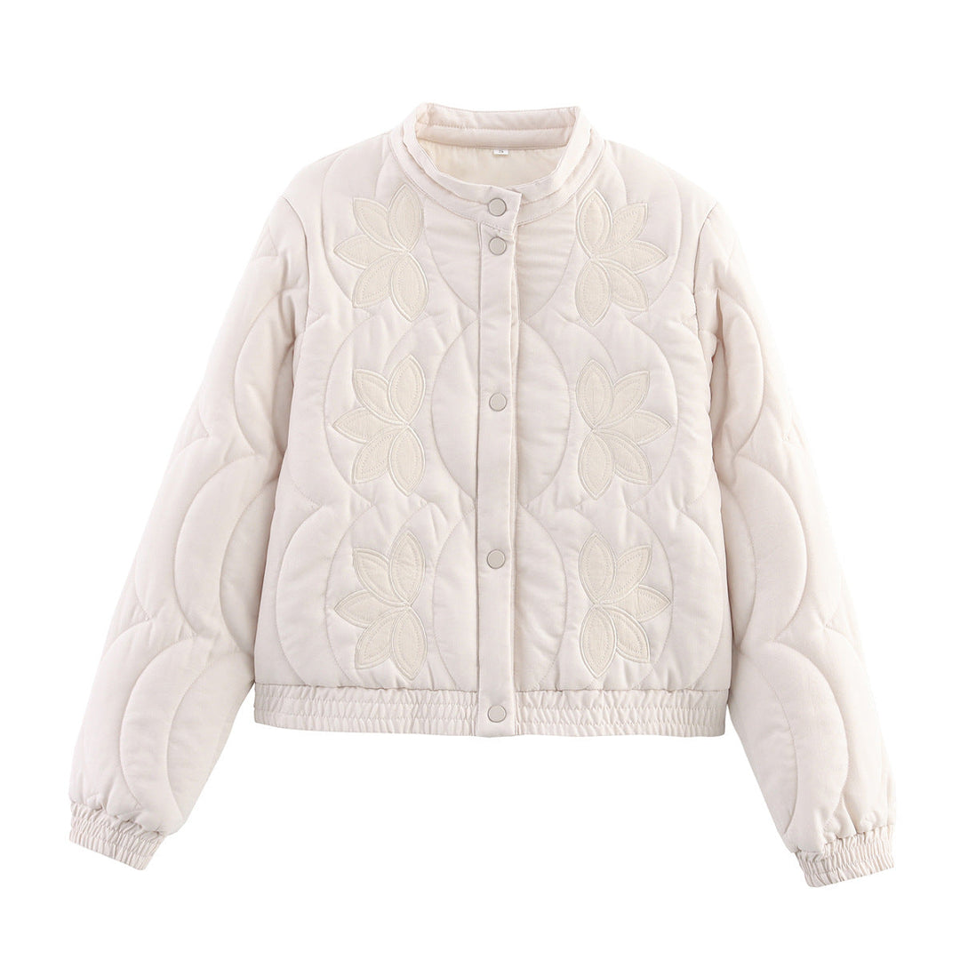 Dam kort kviltad Blouson med blommig kviltad Application, ståkrage och Elastic Waistband