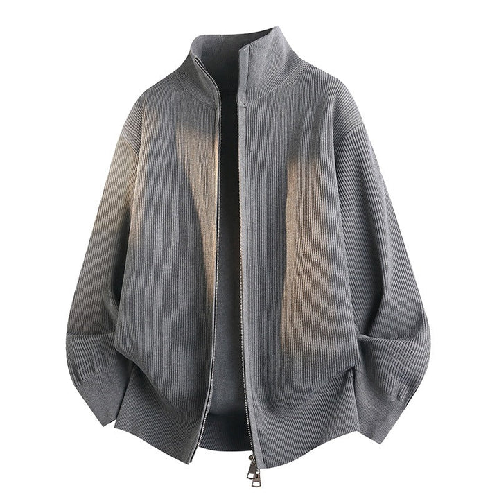 Unisex Oversize Stickad Dragkedja Jacka med Stå Krage, Ribbed Texture &amp; Two-Way Dragkedja