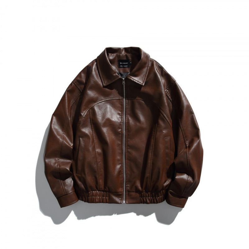 Herr kort boxig läderlook blouson jacka med skjortkrage, front dragkedja och elastisk fåll