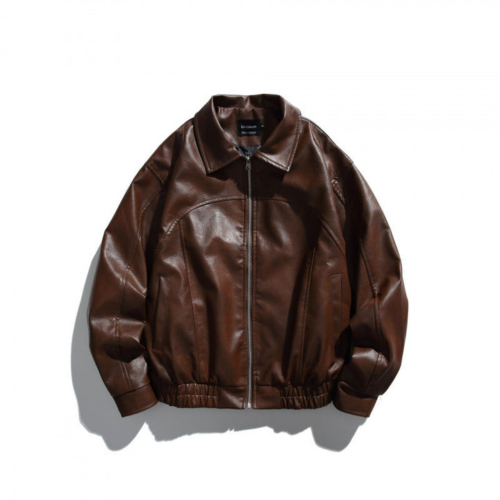 Herr kort boxig läderlook blouson jacka med skjortkrage, front dragkedja och elastisk fåll