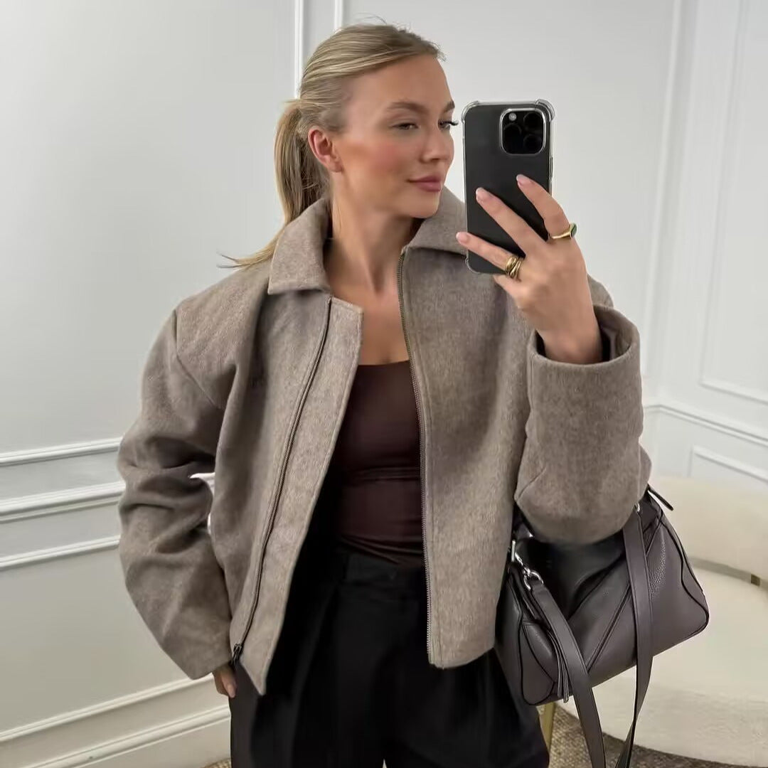 Dam cast-skärning ull-look övergångsjacka med skjortkrage och concealed dragkedja