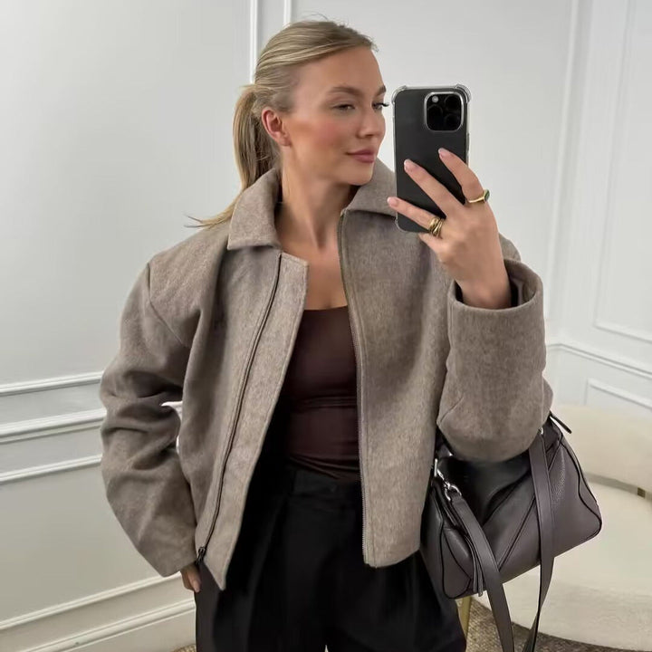 Dam cast-skärning ull-look övergångsjacka med skjortkrage och concealed dragkedja