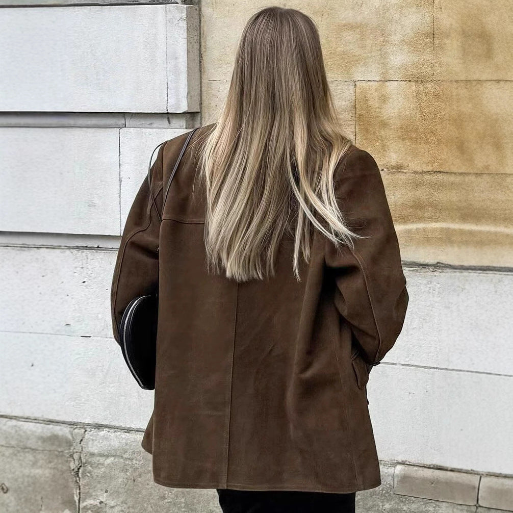 Dam oversize mocka blazer med slagkrage och Flap fickor